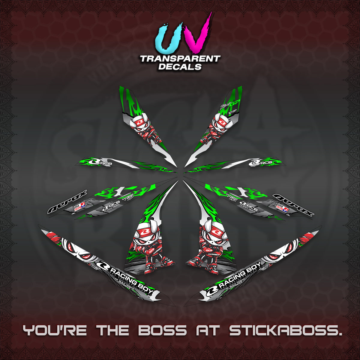 AEROX 155 V1 UV TRANSPARENT DECALS (2026 NEW RCB 2.0 DESIGN) STICKER KITS BY STICKABOSS