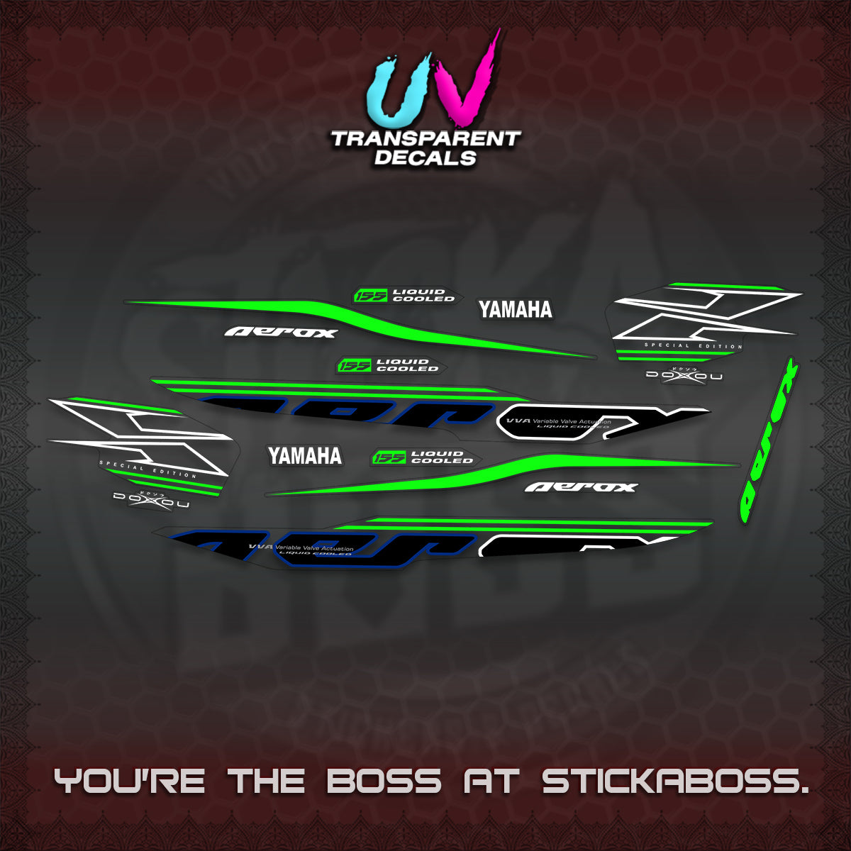 AEROX 155 V1 UV TRANSPARENT DECALS (2026 CYBER STYLE 01) STICKER KITS BY STICKABOSS