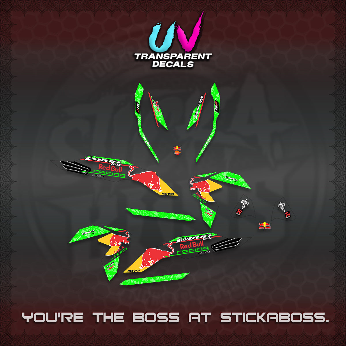 CLICK V3 UV TRANSPARENT DECALS (2026 BULLREDS RACE DESIGN) STICKER KITS BY STICKABOSS
