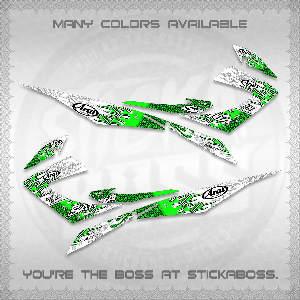 RAIDER 150 CARB SATRIA  FOR WHITE DECALS (ARAI API NEW TERBARU MOTIF)STICKER DECALS By STICKABOSS