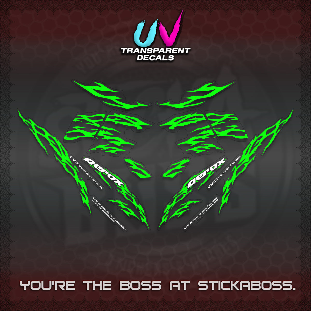 AEROX 155 V2 UV TRANSPARENT DECALS (2026 TRIBAL LIGHTNING DESIGN) STICKER KITS BY STICKABOSS