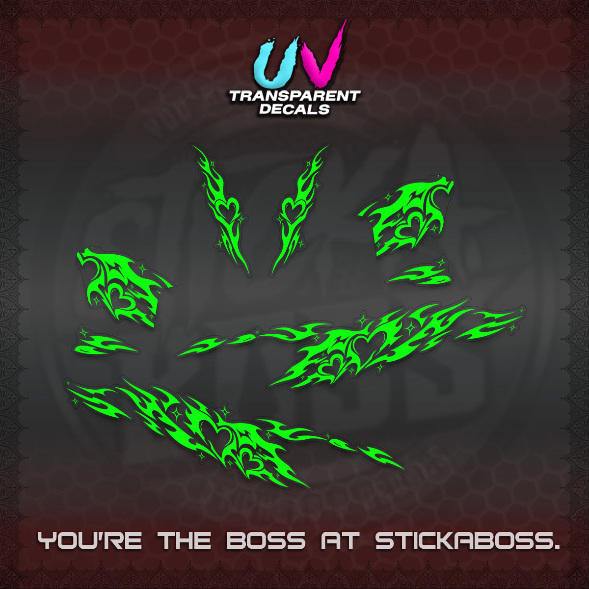 CLICK 125 V2 UV TRANSPARENT DECALS (2026 TRIBAL HEART DESIGN) STICKER KITS BY STICKABOSS