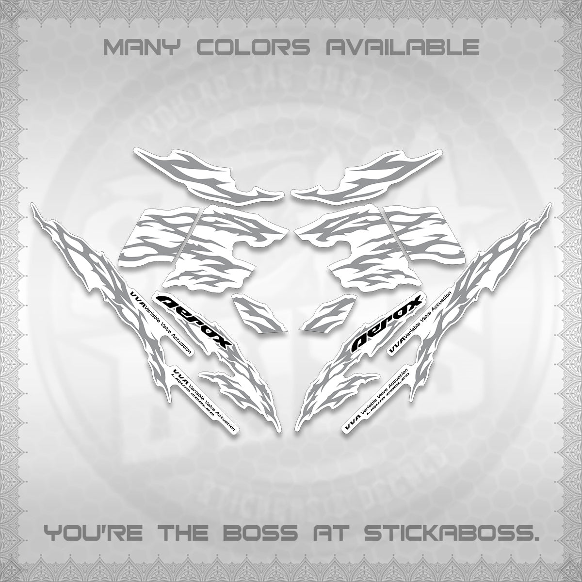 AEROX 155 V2 FOR WHITE DECALS (2026 TRIBAL LIGHTNING DESIGN) STICKER KITS BY STICKABOSS