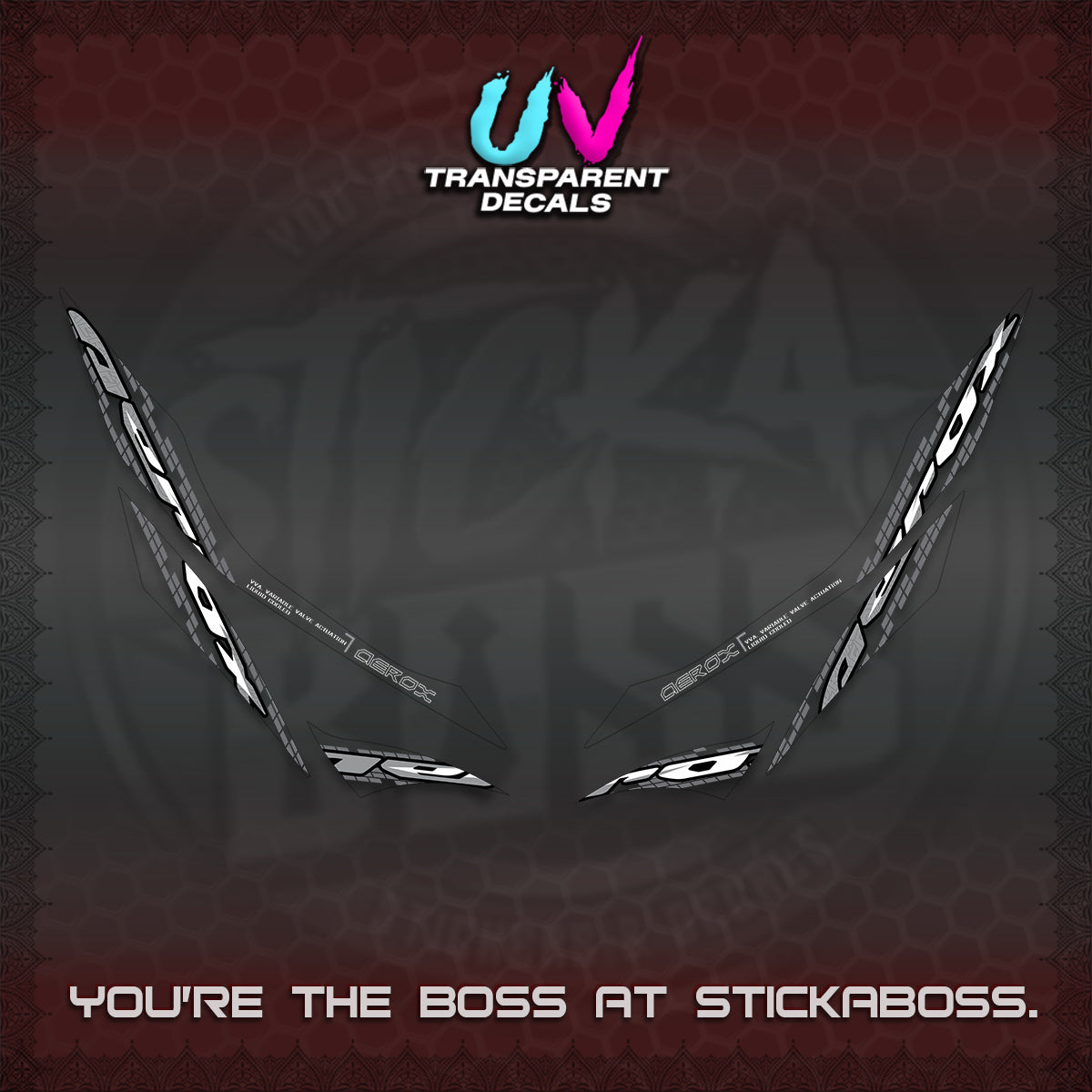 AEROX 155 V1 UV TRANSPARENT DECALS (NEW 2026 VORTEX) STICKER KITS BY STICKABOSS