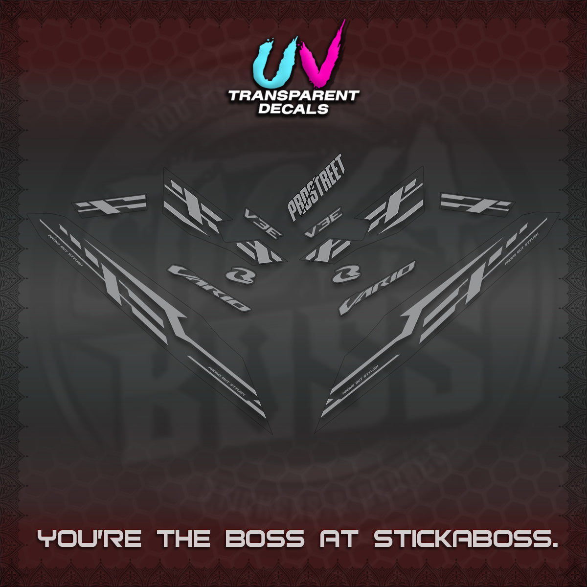 CLICK V3 UV TRANSPARENT VARIO DECALS (2026 V3E 001 DESIGN)STICKER KITS By STICKABOSS