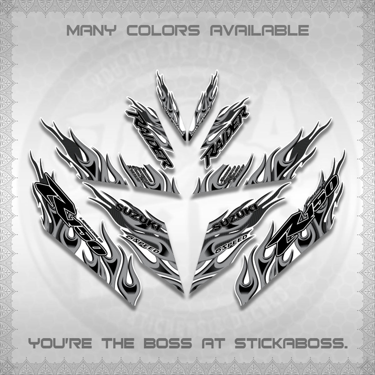 RAIDER 150 Fi FOR WHITE DECALS (API TERBARU VIRAL ELEGAN)STICKER DECALS BY STICKABOSS