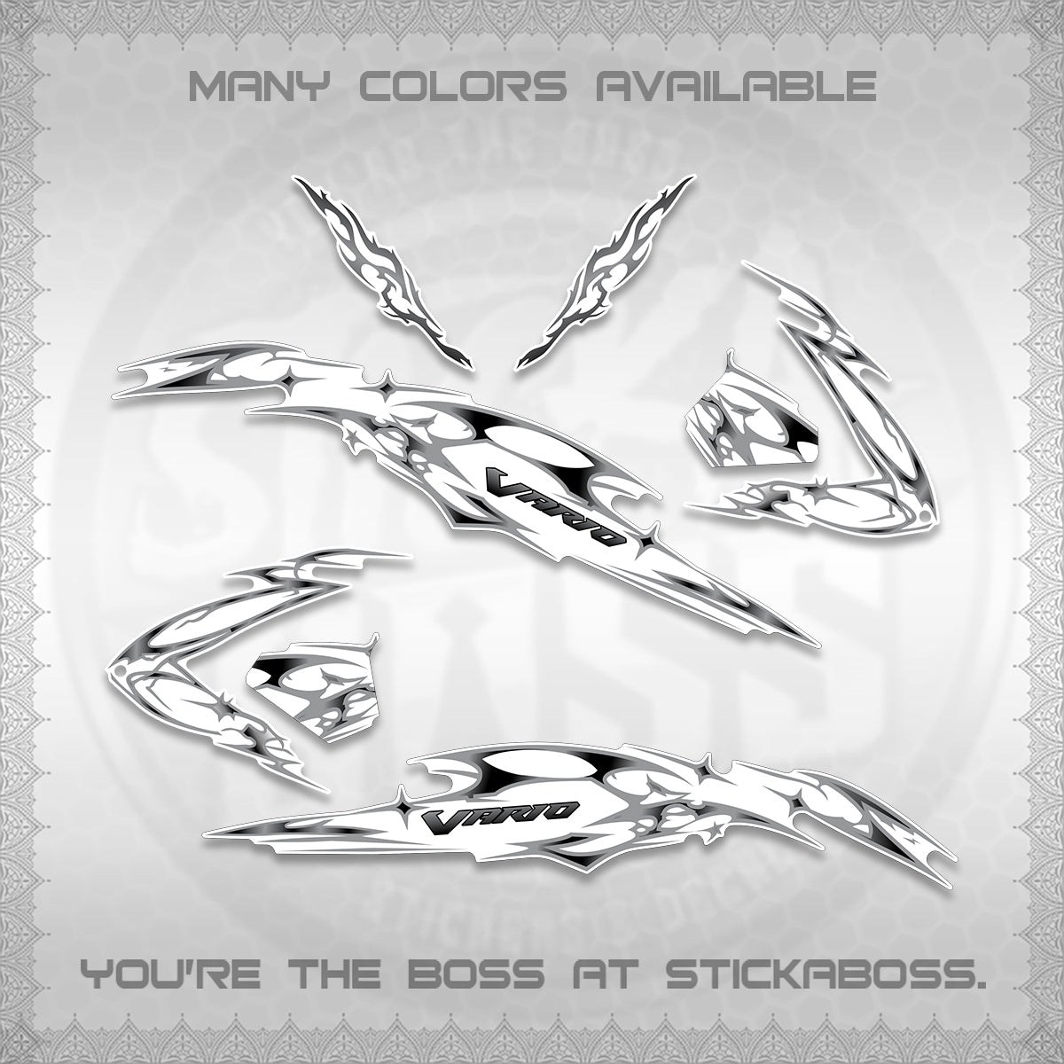 CLICK 125 V3 VARIO FOR WHITE DECALS (2026 TRIBAL LIGHTNING DESIGN) STICKER KITS BY STICKABOSS