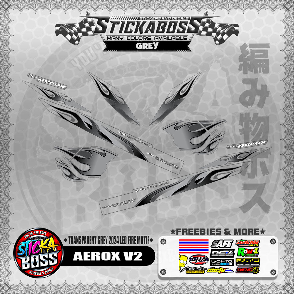 【PREMIUM UV PRINT】TRANSPARENT AEROX V2 DECALS ( GREY 2024 LED FIRE MOTIF )【WITH FREEBIES】