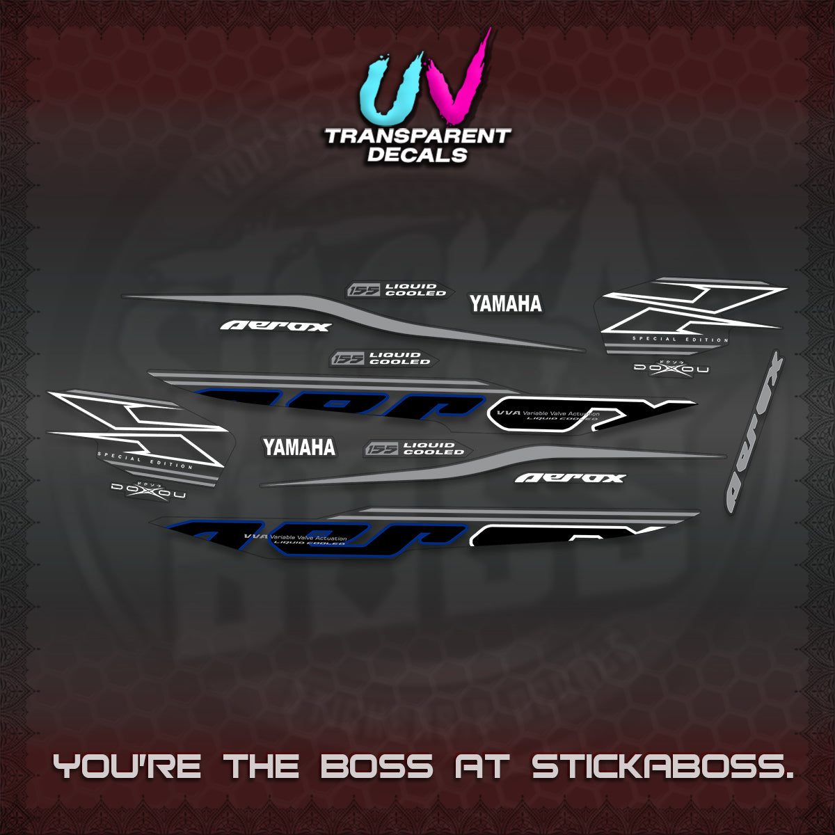 AEROX 155 V1 UV TRANSPARENT DECALS (2026 CYBER STYLE 01) STICKER KITS BY STICKABOSS