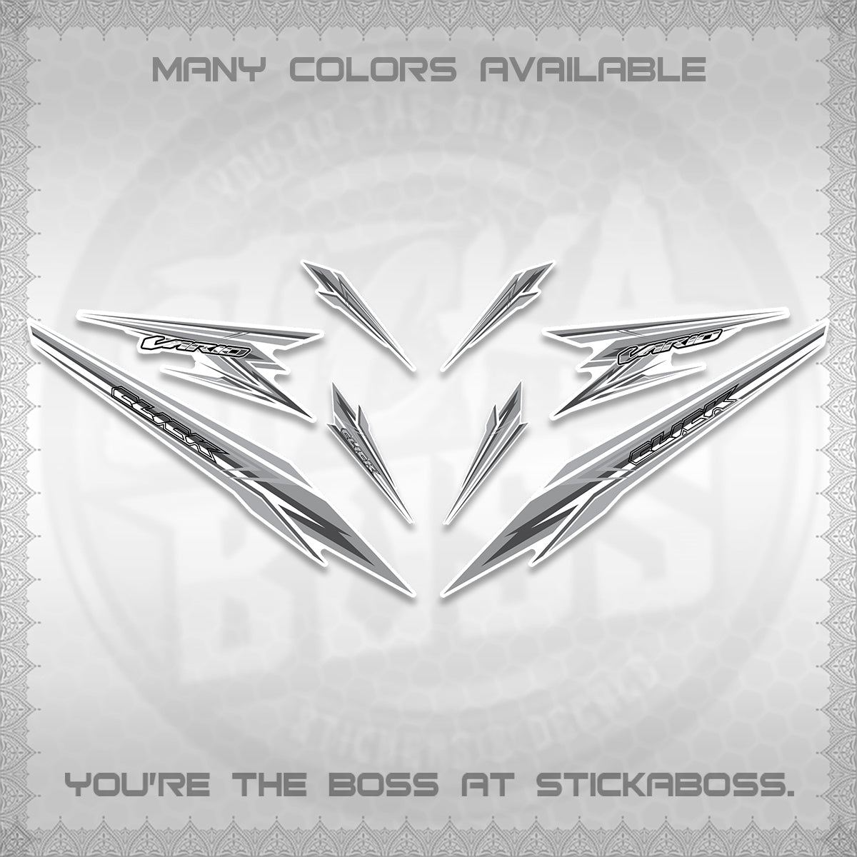 CLICK 160 VARIO FOR WHITE DECALS (2026 SHARP 00-A1 DESIGN)STICKER KITS By STICKABOSS