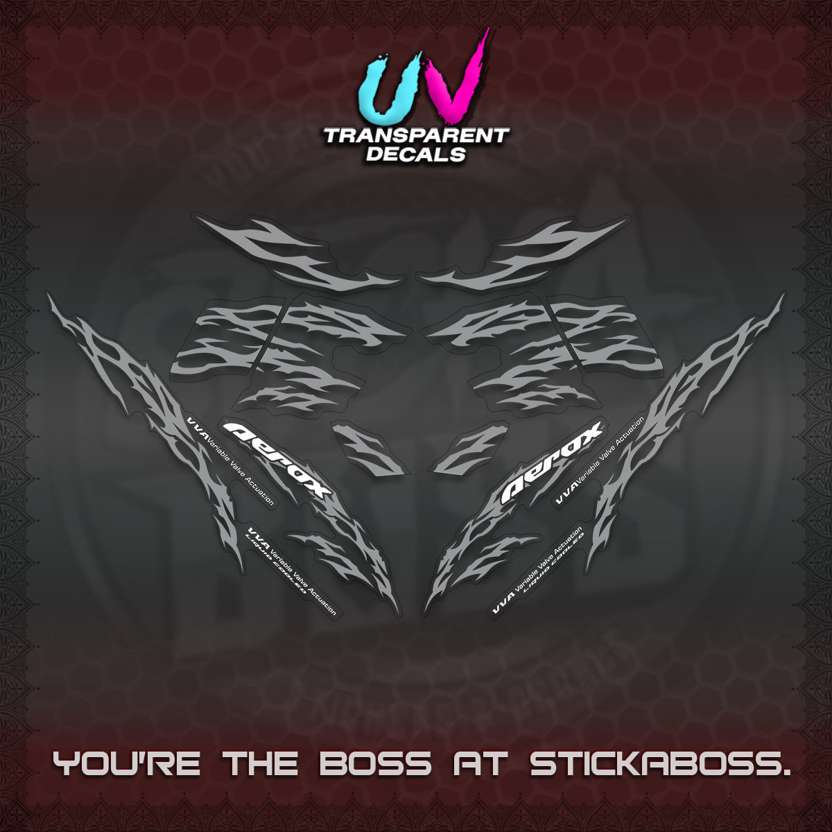 AEROX 155 V2 UV TRANSPARENT DECALS (2026 TRIBAL LIGHTNING DESIGN) STICKER KITS BY STICKABOSS