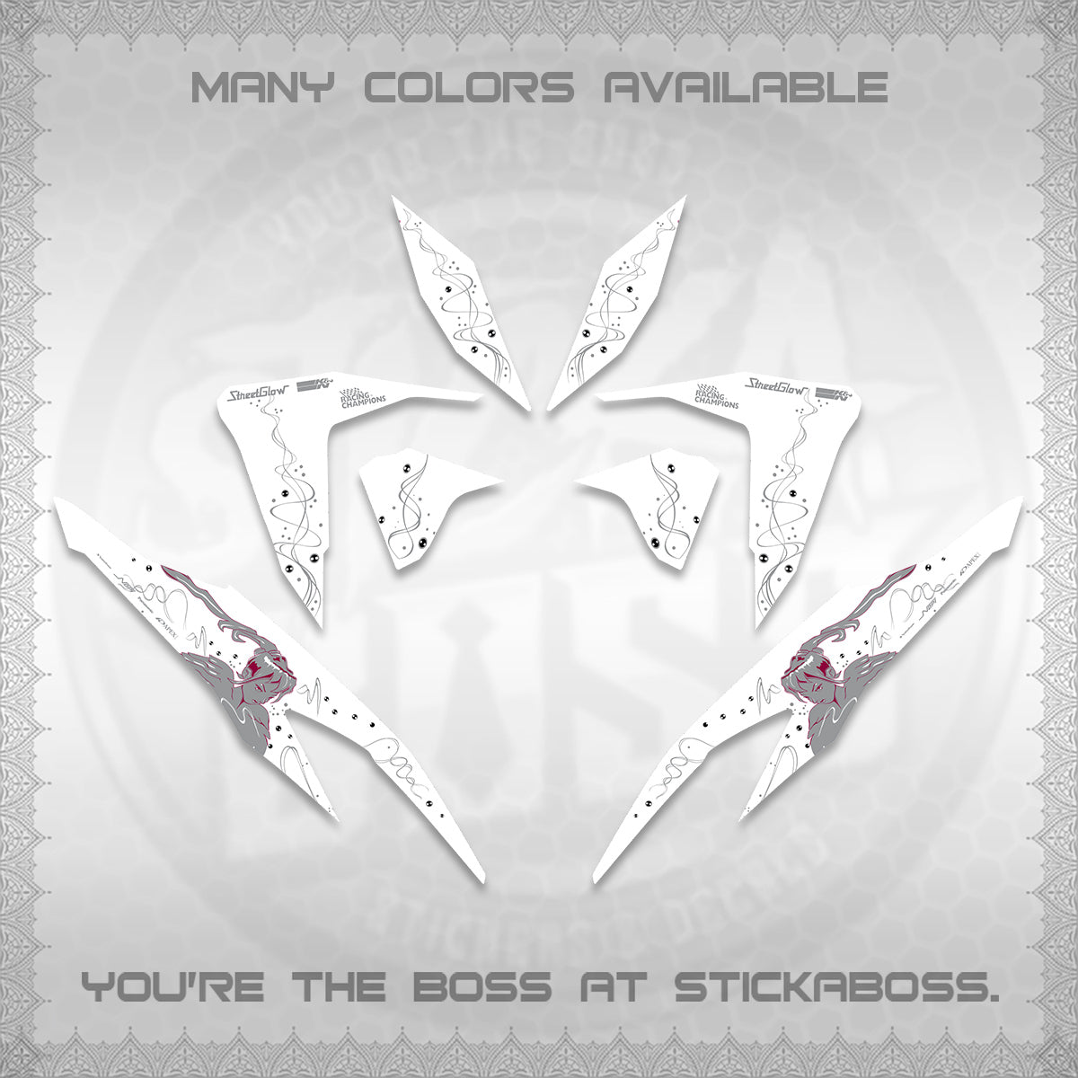 CLICK V2 FOR WHITE DECALS (2026 2F2F SWIRL DESIGN) STICKER KITS BY STICKABOSS