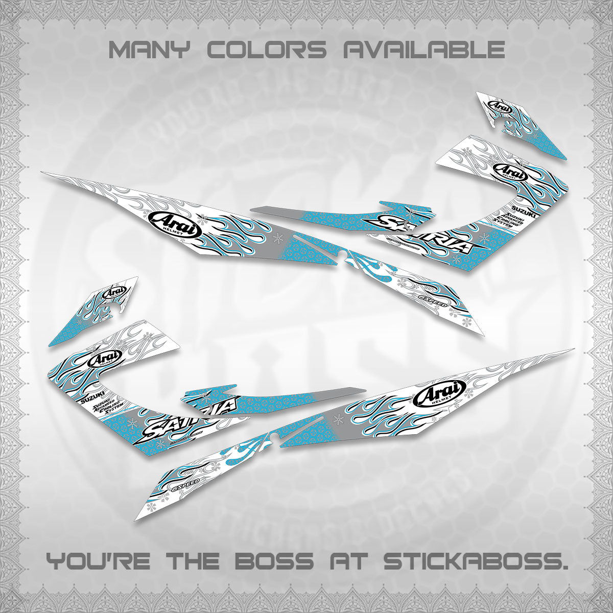 RAIDER 150 CARB SATRIA  FOR WHITE DECALS (ARAI API NEW TERBARU MOTIF)STICKER DECALS By STICKABOSS