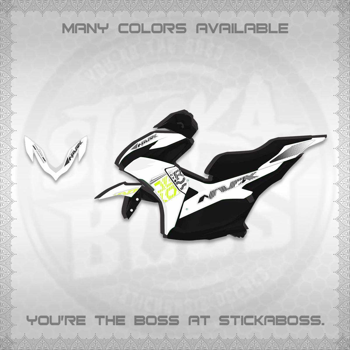 AEROX V2 NVX FOR WHITE DECALS (2024 NEW 001 DESIGN) STICKER DECALS By STICKABOSS