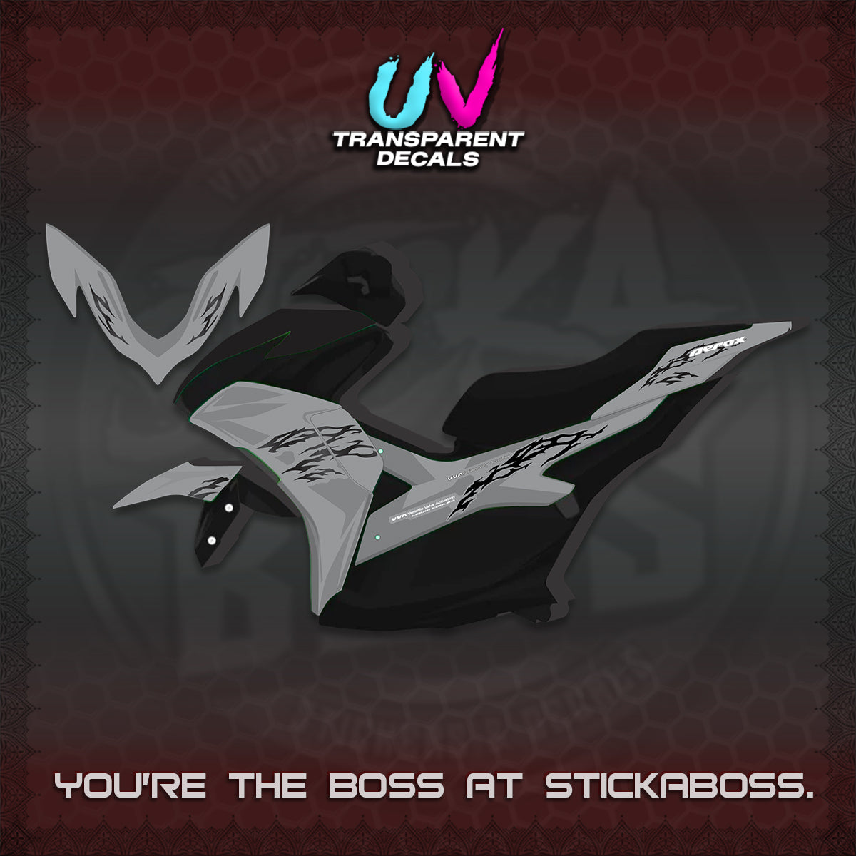 AEROX 155 V2 UV TRANSPARENT DECALS (2026 TRIBAL LIGHTNING DESIGN) STICKER KITS BY STICKABOSS