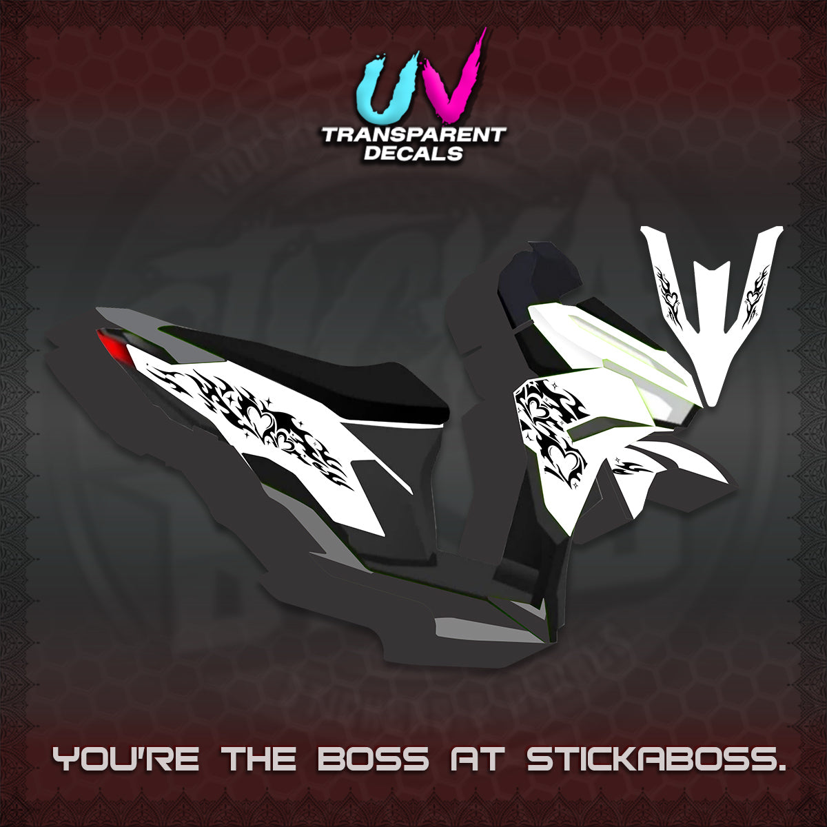 CLICK 125 V3 UV TRANSPARENT DECALS (2026 TRIBAL HEART DESIGN) STICKER KITS BY STICKABOSS