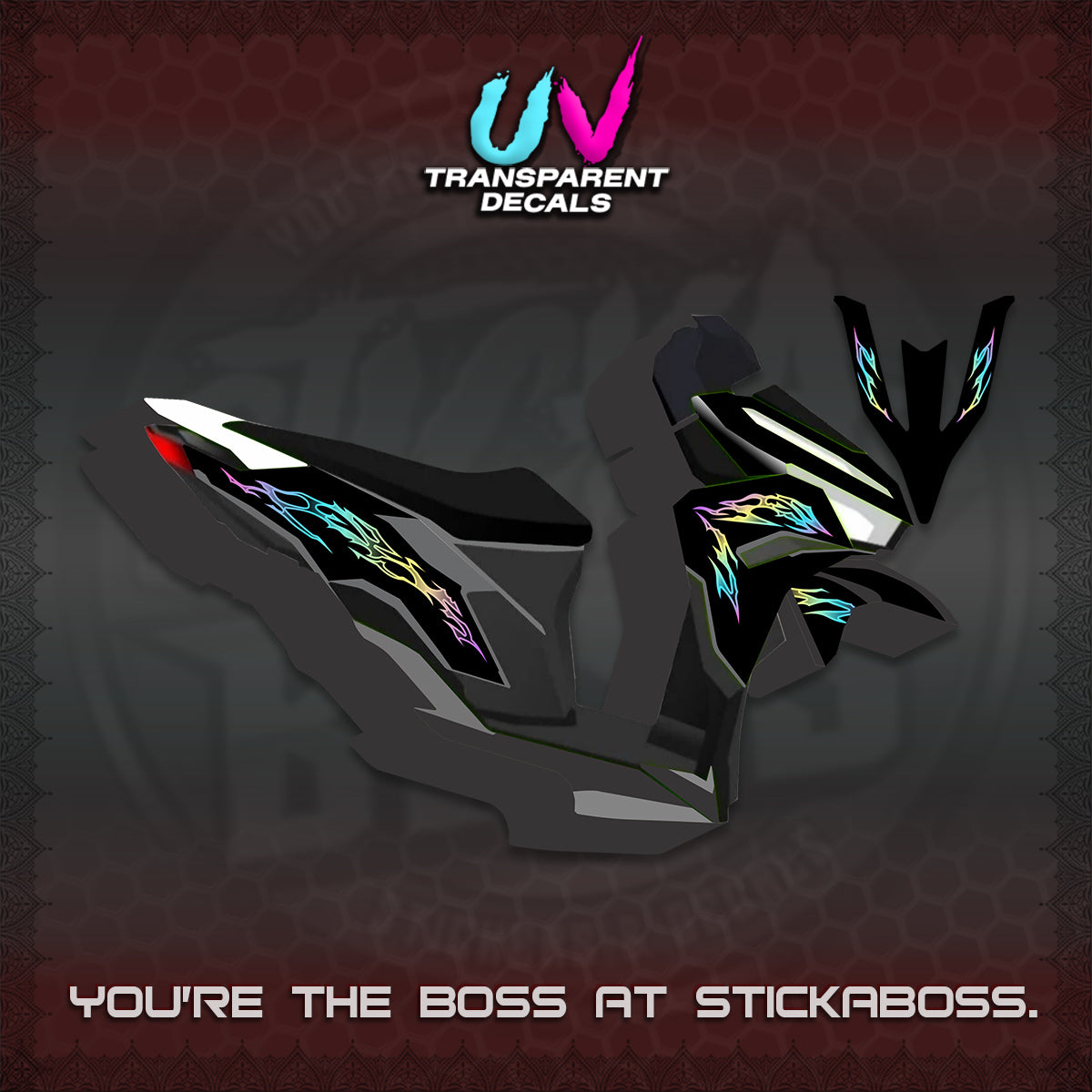 CLICK 125 V3 UV TRANSPARENT DECALS (2026 TRIBAL LIGHTNING DESIGN) STICKER KITS BY STICKABOSS