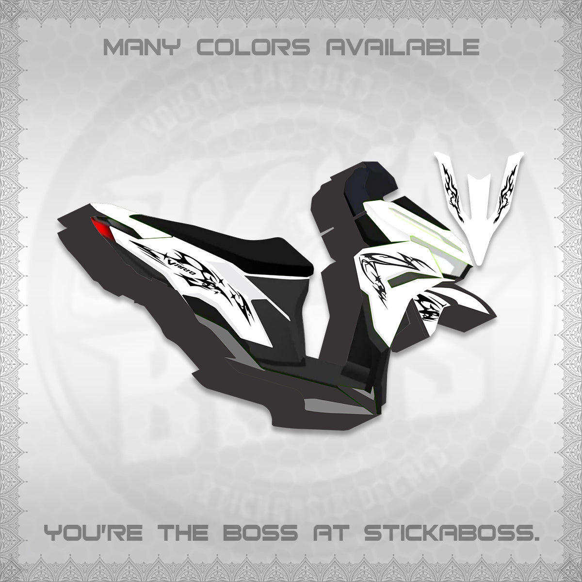 CLICK 125 V3 VARIO FOR WHITE DECALS (2026 TRIBAL LIGHTNING DESIGN) STICKER KITS BY STICKABOSS