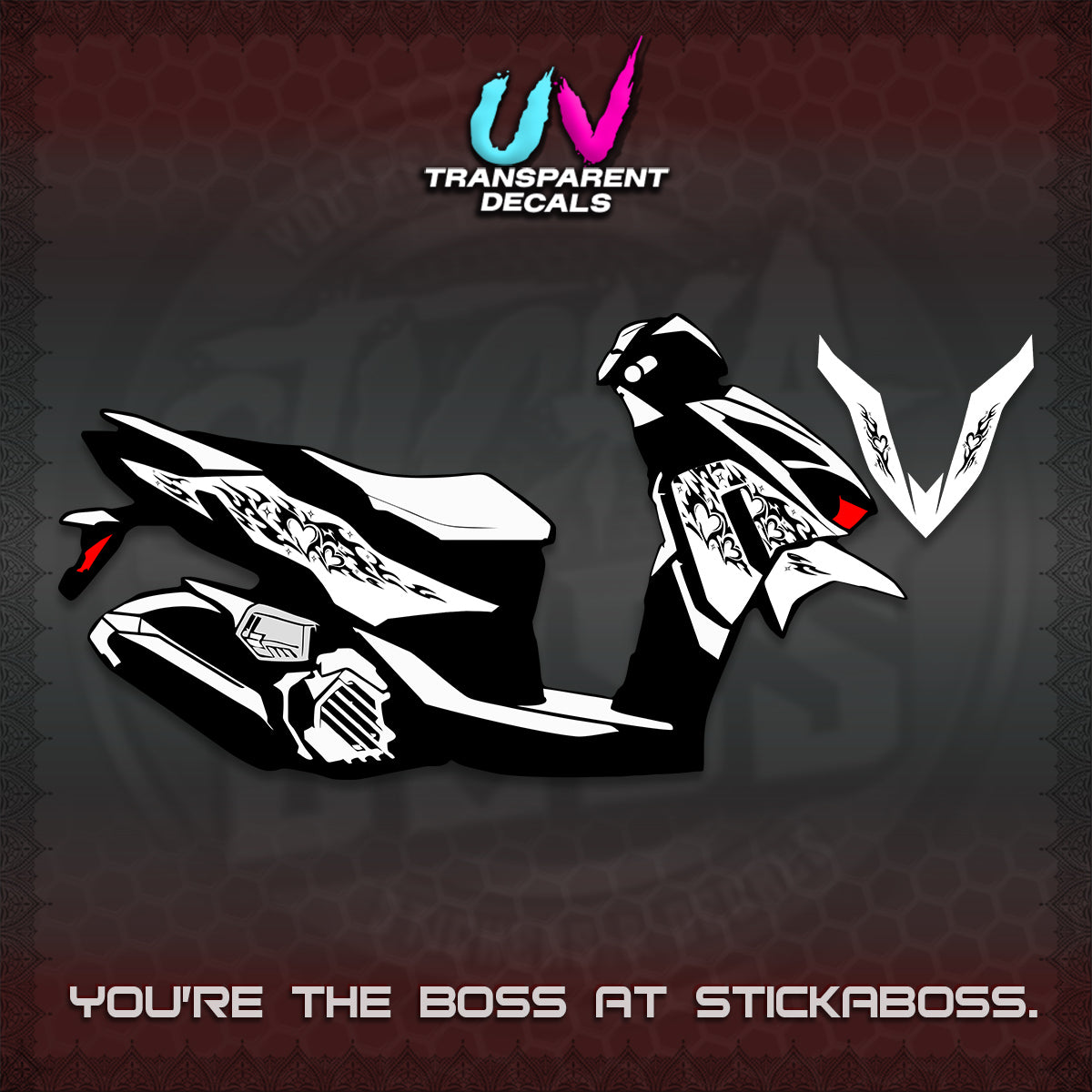 CLICK 125 V4 UV TRANSPARENT DECALS (2026 TRIBAL HEART DESIGN) STICKER KITS BY STICKABOSS