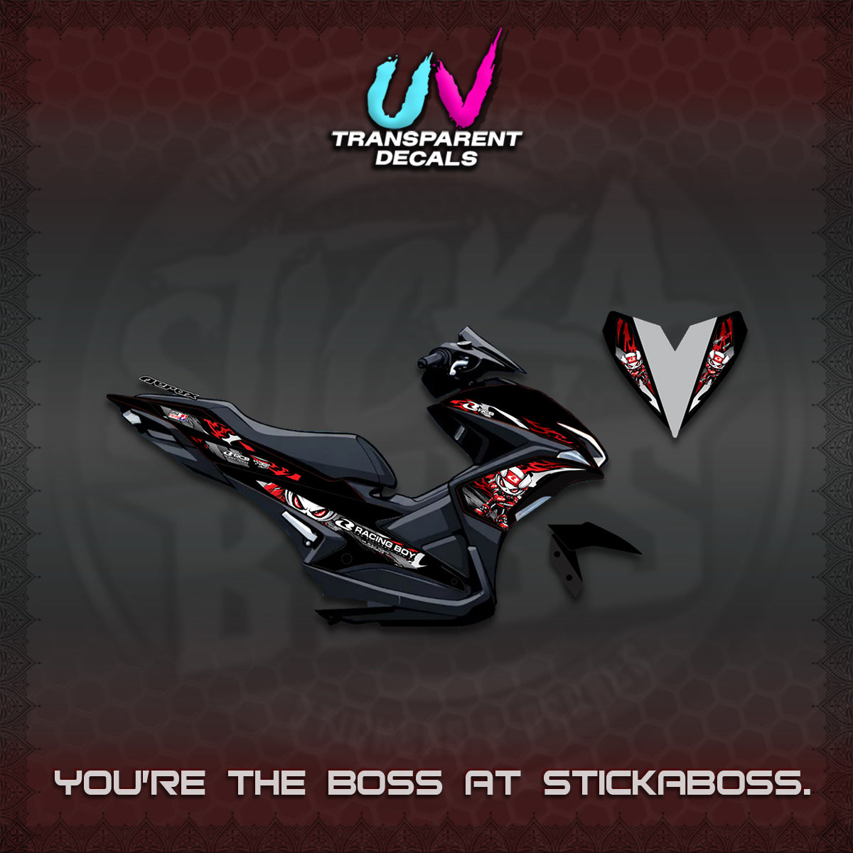 AEROX 155 V1 UV TRANSPARENT DECALS (2026 NEW RCB 2.0 DESIGN) STICKER KITS BY STICKABOSS