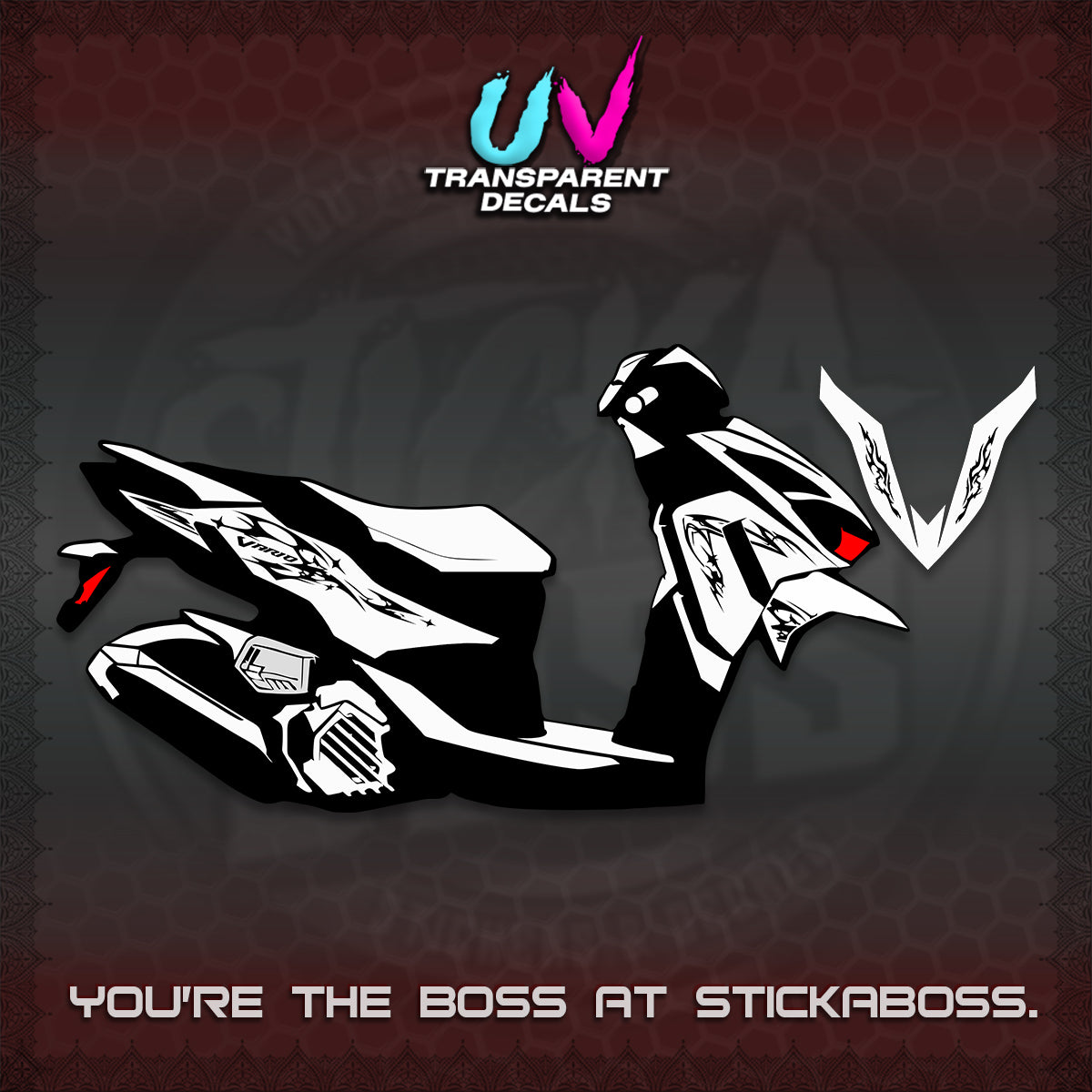CLICK 125 V4 VARIO UV TRANSPARENT DECALS (2026 TRIBAL LIGHTNING DESIGN) STICKER KITS BY STICKABOSS