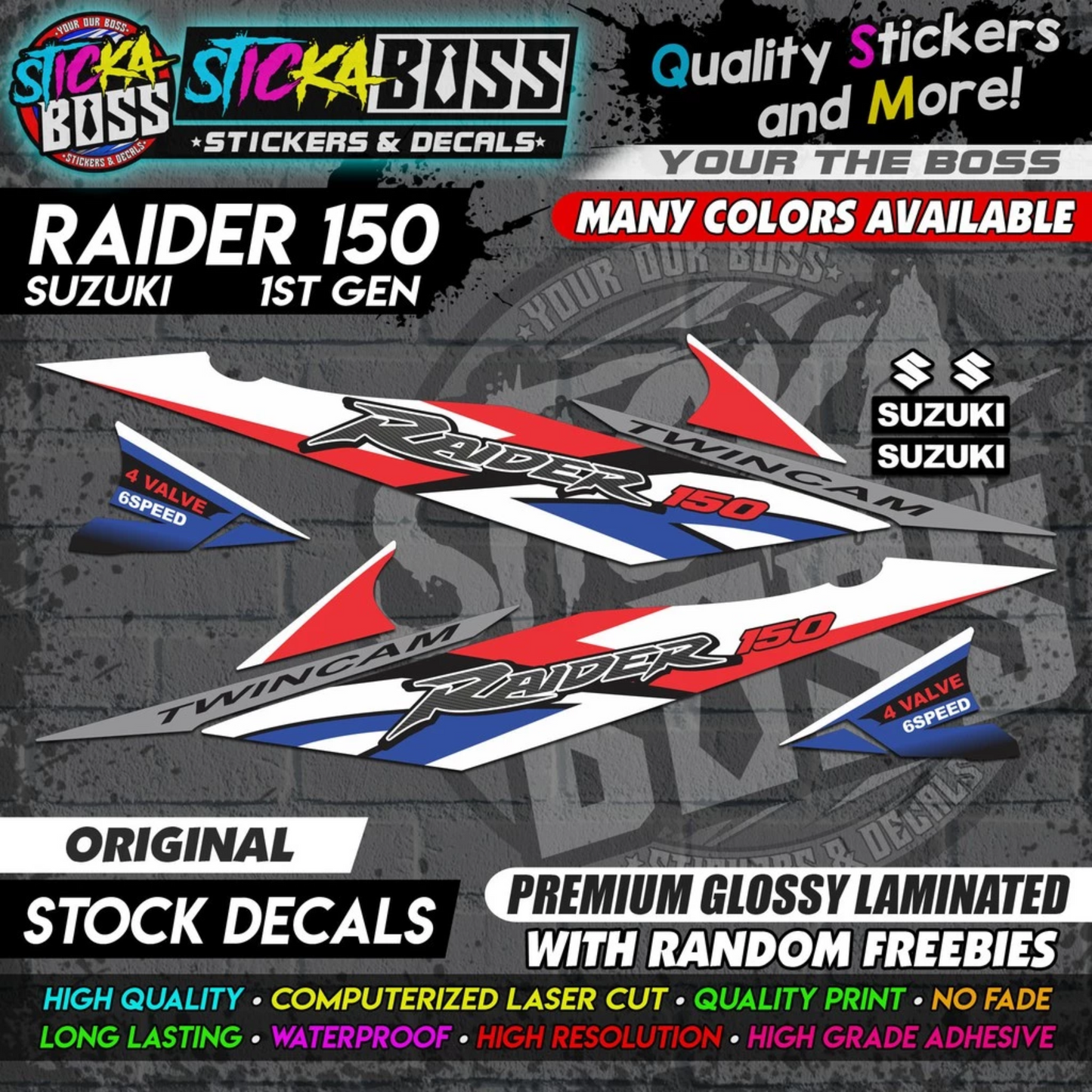 Suzuki Raider 150 1st Gen Decals (Stock Design) [ASSORTED COLORS]【PREMIUM GLOSSY LAMINATED】