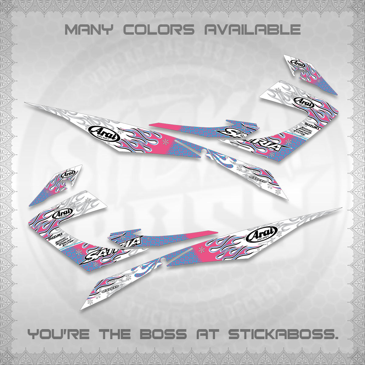 RAIDER 150 CARB SATRIA  FOR WHITE DECALS (ARAI API NEW TERBARU MOTIF)STICKER DECALS By STICKABOSS
