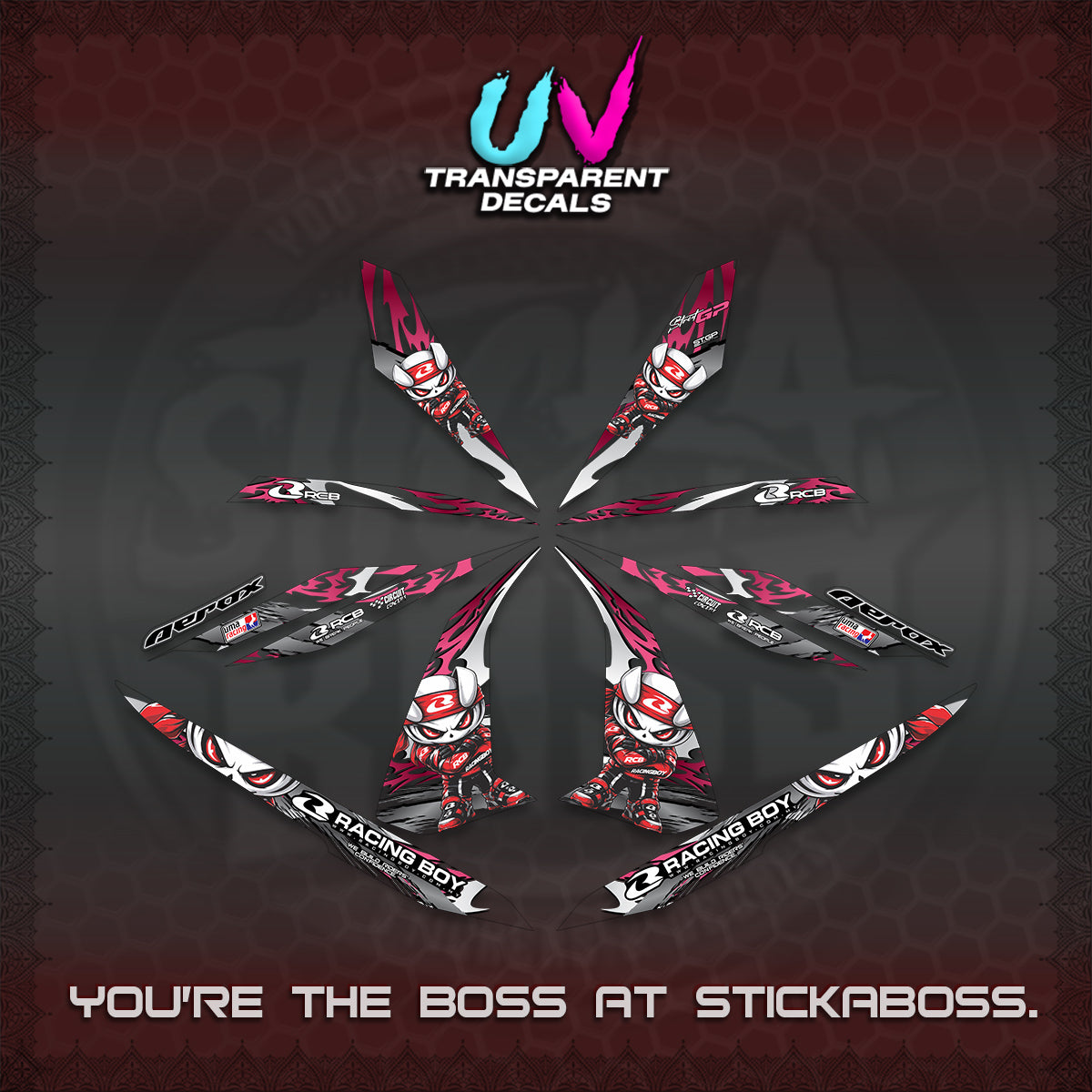 AEROX 155 V1 UV TRANSPARENT DECALS (2026 NEW RCB 2.0 DESIGN) STICKER KITS BY STICKABOSS