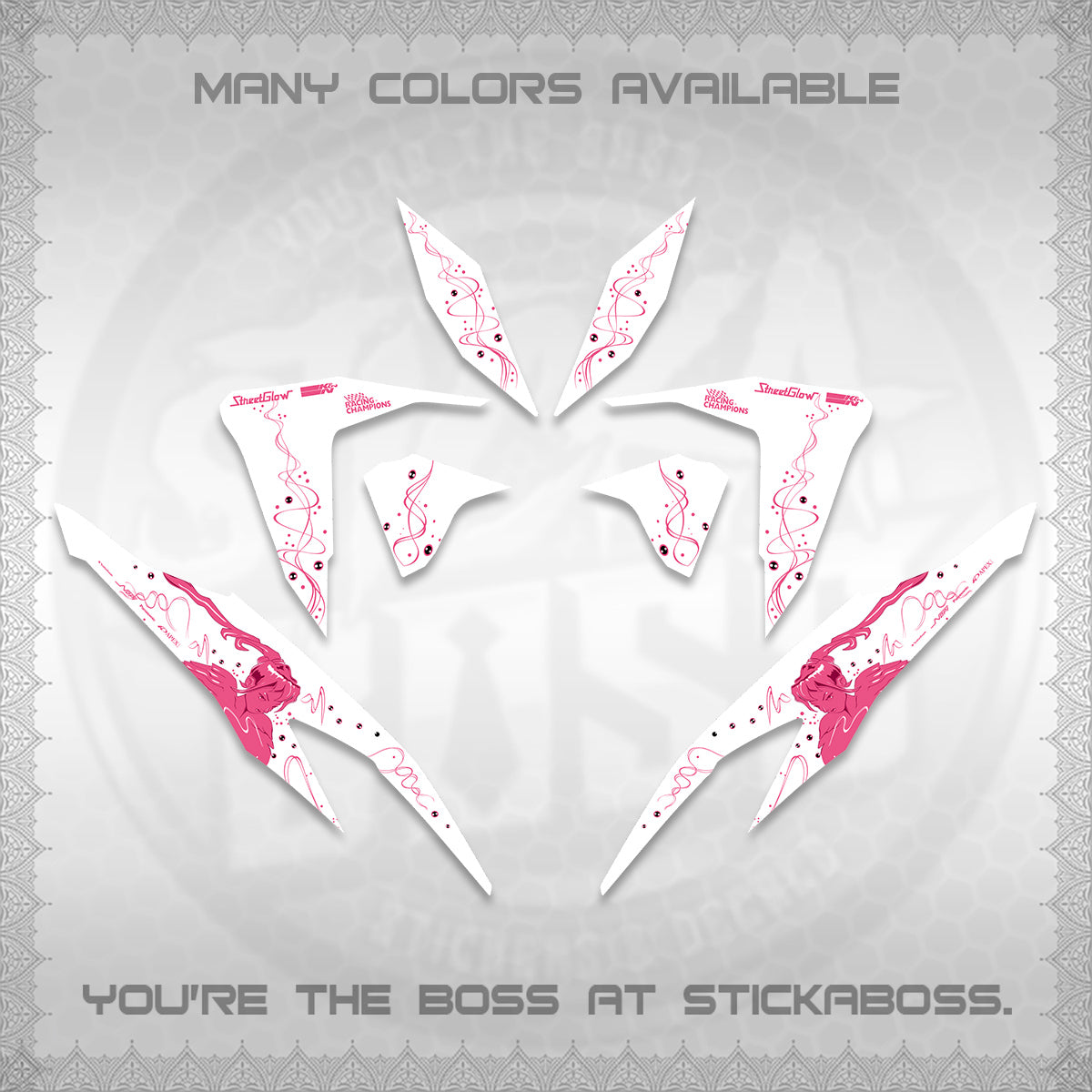 CLICK V2 FOR WHITE DECALS (2026 2F2F SWIRL DESIGN) STICKER KITS BY STICKABOSS
