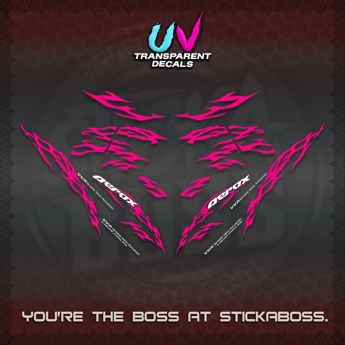 AEROX 155 V2 UV TRANSPARENT DECALS (2026 TRIBAL LIGHTNING DESIGN) STICKER KITS BY STICKABOSS