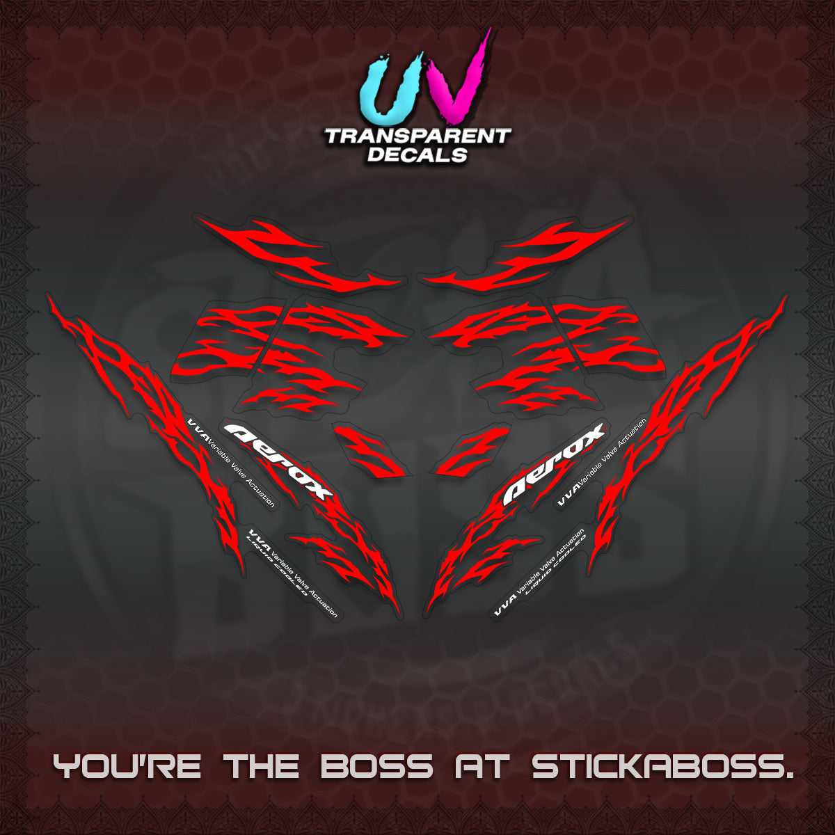 AEROX 155 V2 UV TRANSPARENT DECALS (2026 TRIBAL LIGHTNING DESIGN) STICKER KITS BY STICKABOSS