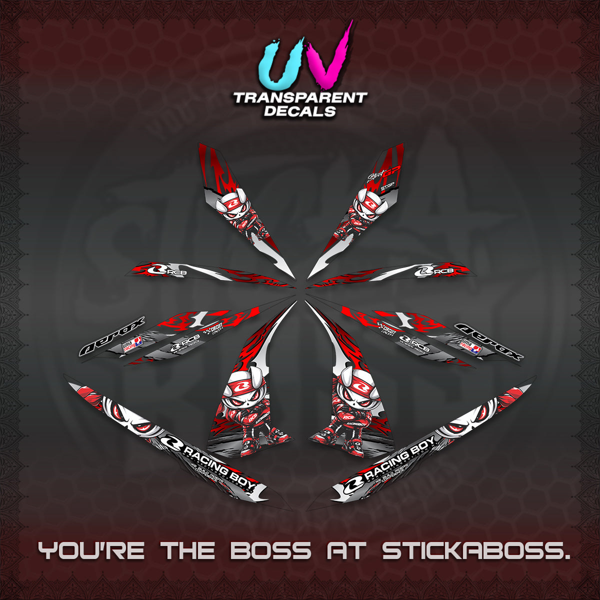 AEROX 155 V1 UV TRANSPARENT DECALS (2026 NEW RCB 2.0 DESIGN) STICKER KITS BY STICKABOSS