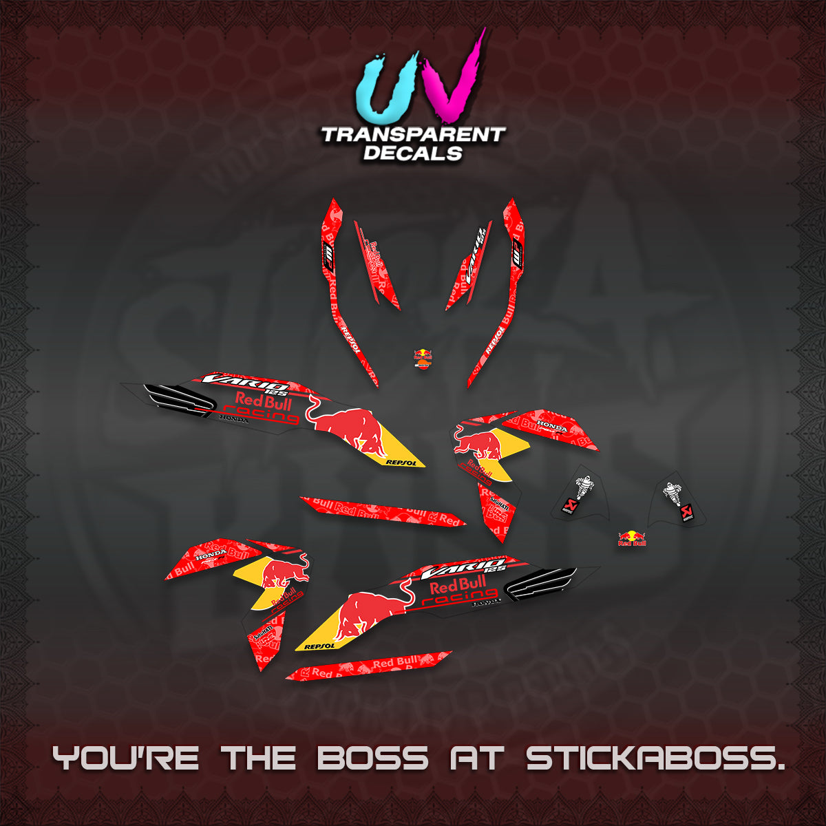 CLICK V3 UV TRANSPARENT DECALS (2026 BULLREDS RACE DESIGN) STICKER KITS BY STICKABOSS