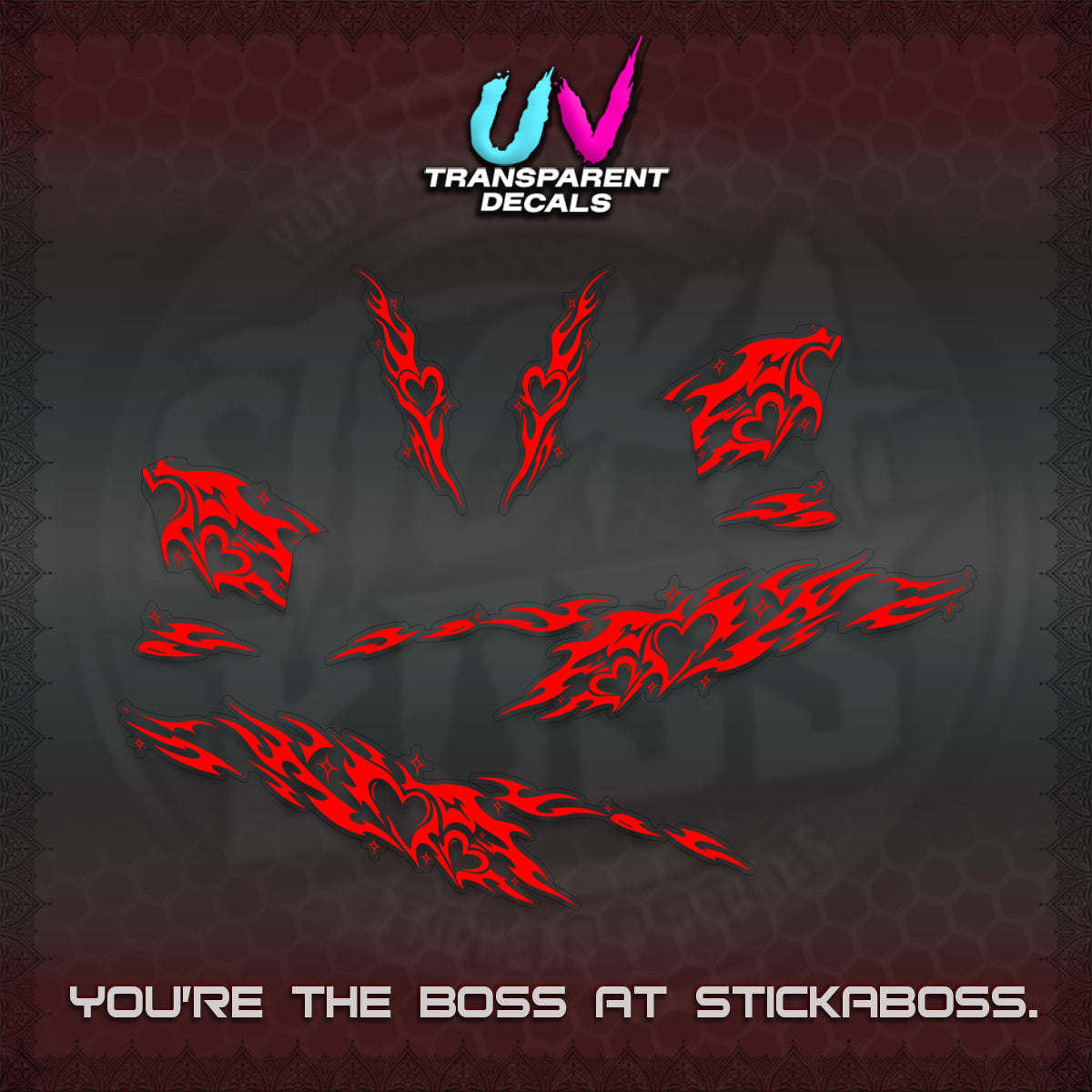 CLICK 125 V2 UV TRANSPARENT DECALS (2026 TRIBAL HEART DESIGN) STICKER KITS BY STICKABOSS