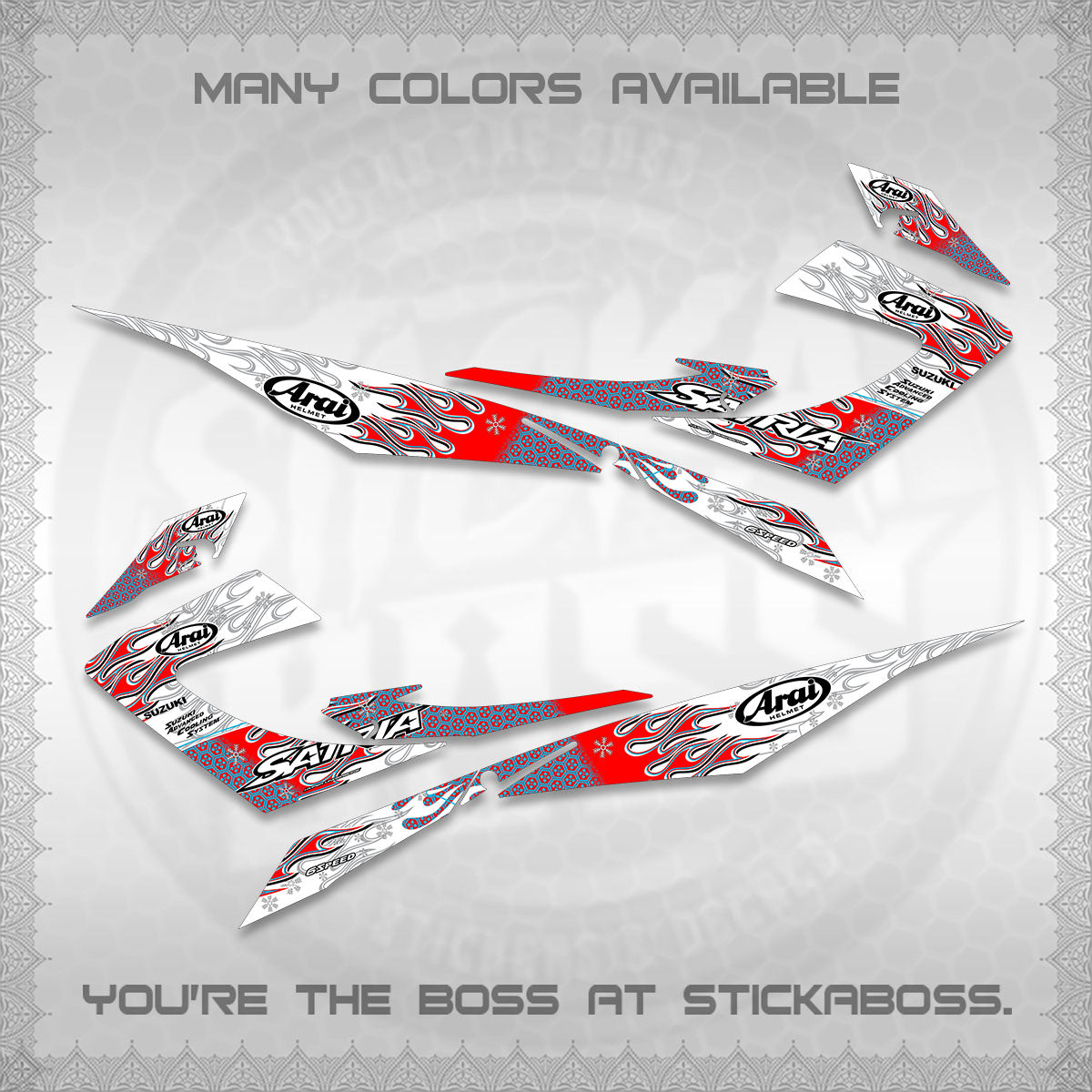 RAIDER 150 CARB SATRIA  FOR WHITE DECALS (ARAI API NEW TERBARU MOTIF)STICKER DECALS By STICKABOSS
