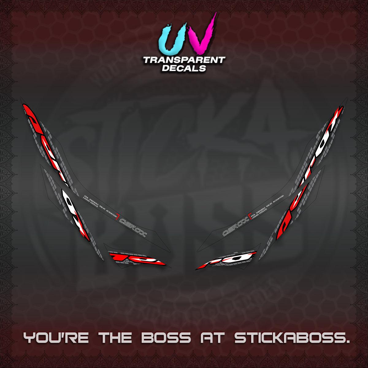 AEROX 155 V1 UV TRANSPARENT DECALS (NEW 2026 VORTEX) STICKER KITS BY STICKABOSS