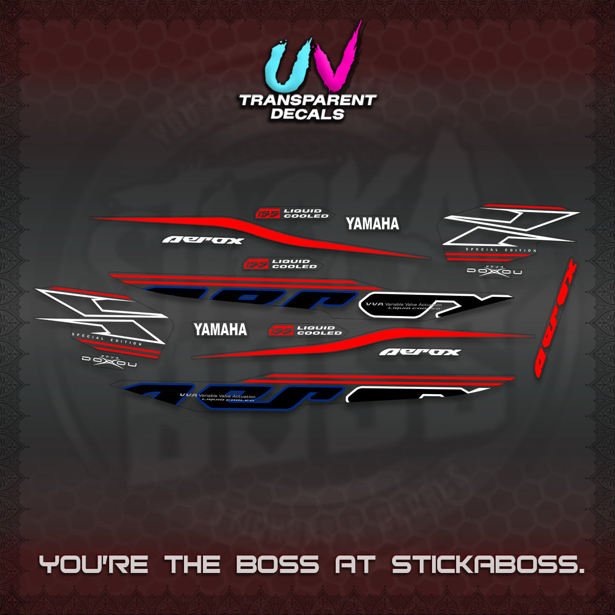 AEROX 155 V1 UV TRANSPARENT DECALS (2026 CYBER STYLE 01) STICKER KITS BY STICKABOSS