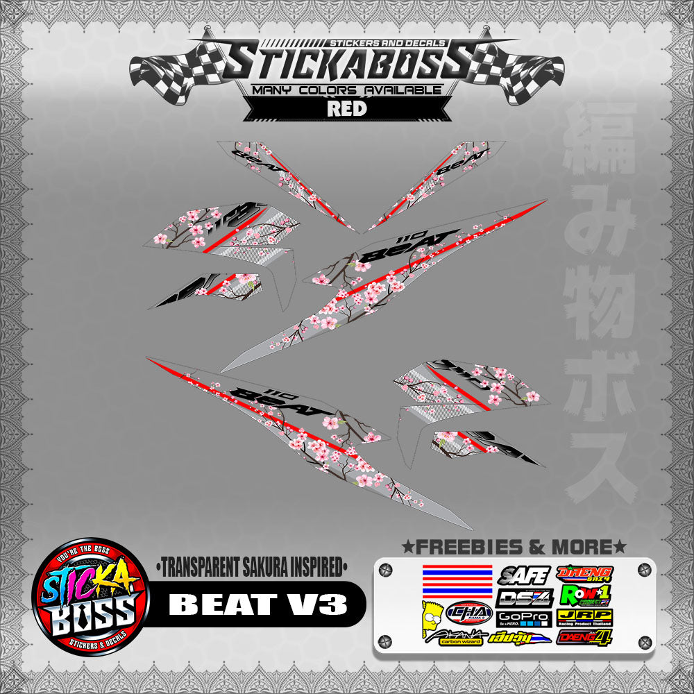 【PREMIUM UV PRINT】TRANSPARENT BEAT FI V3 STICKER DECALS ( SAKURA INSPIRED )【WITH FREEBIES】