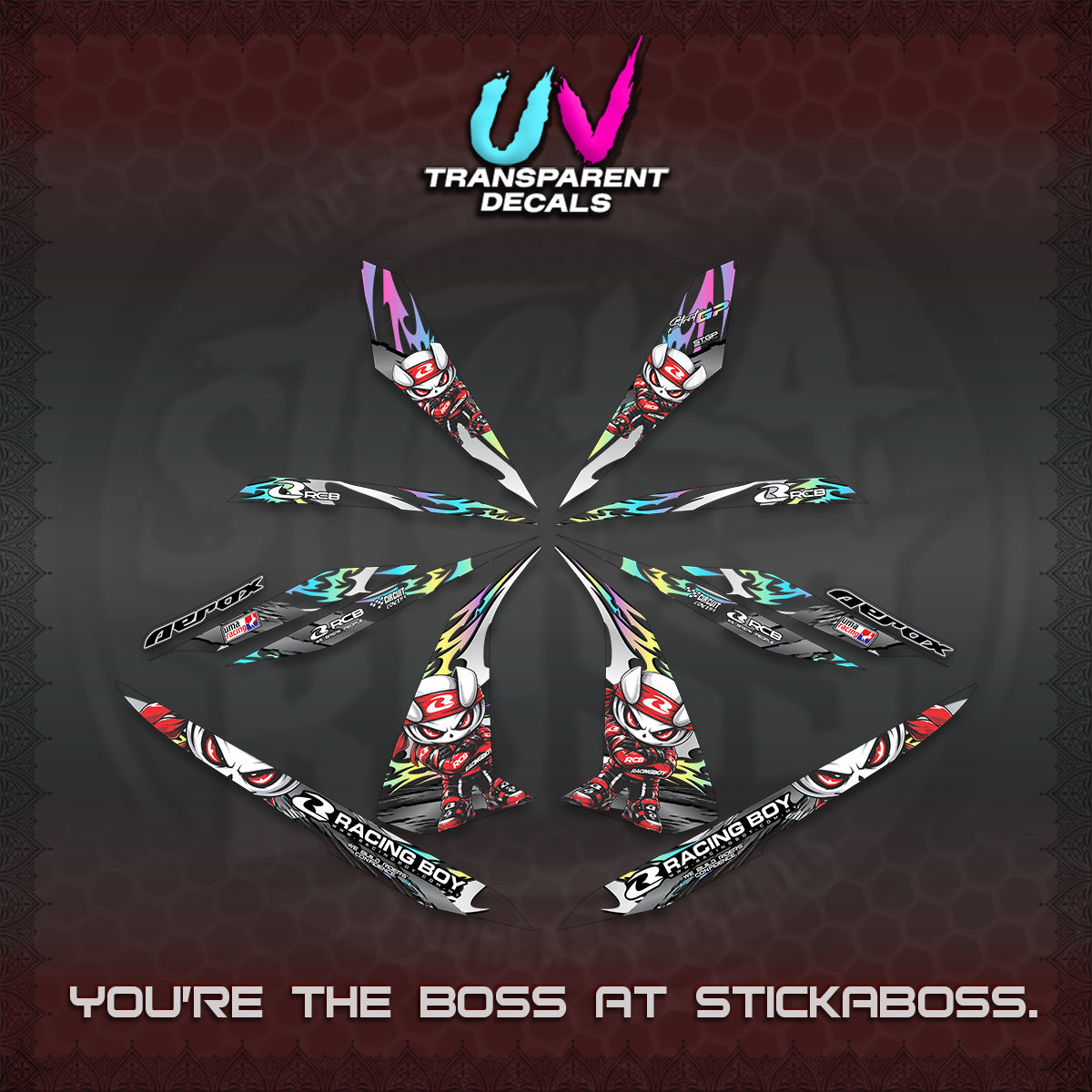 AEROX 155 V1 UV TRANSPARENT DECALS (2026 NEW RCB 2.0 DESIGN) STICKER KITS BY STICKABOSS
