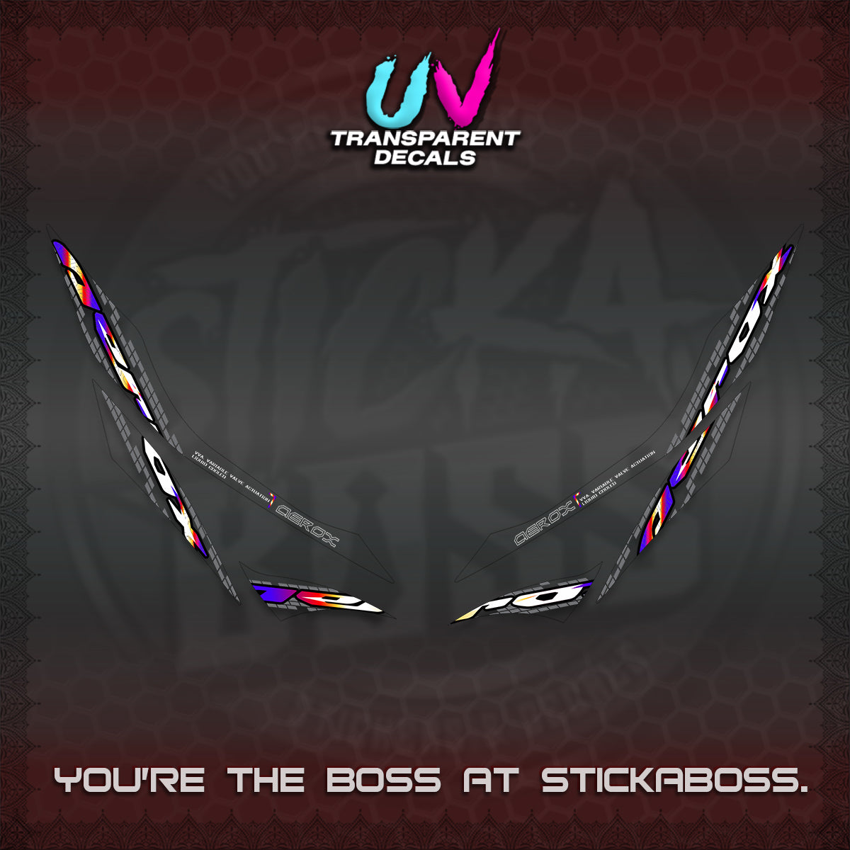AEROX 155 V1 UV TRANSPARENT DECALS (NEW 2026 VORTEX) STICKER KITS BY STICKABOSS