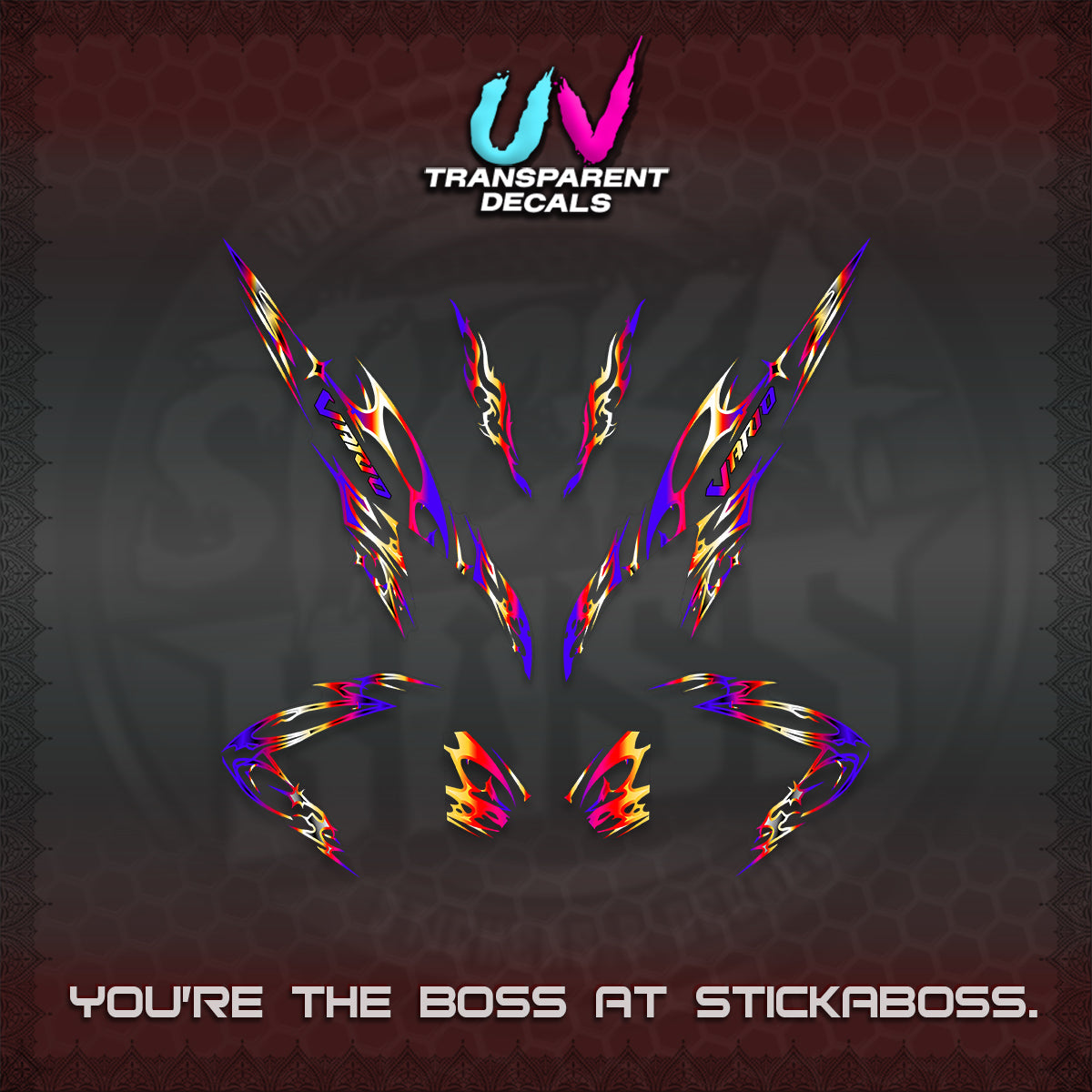 CLICK 125 V2 VARIO UV TRANSPARENT DECALS (2026 TRIBAL LIGHTNING DESIGN) STICKER KITS BY STICKABOSS