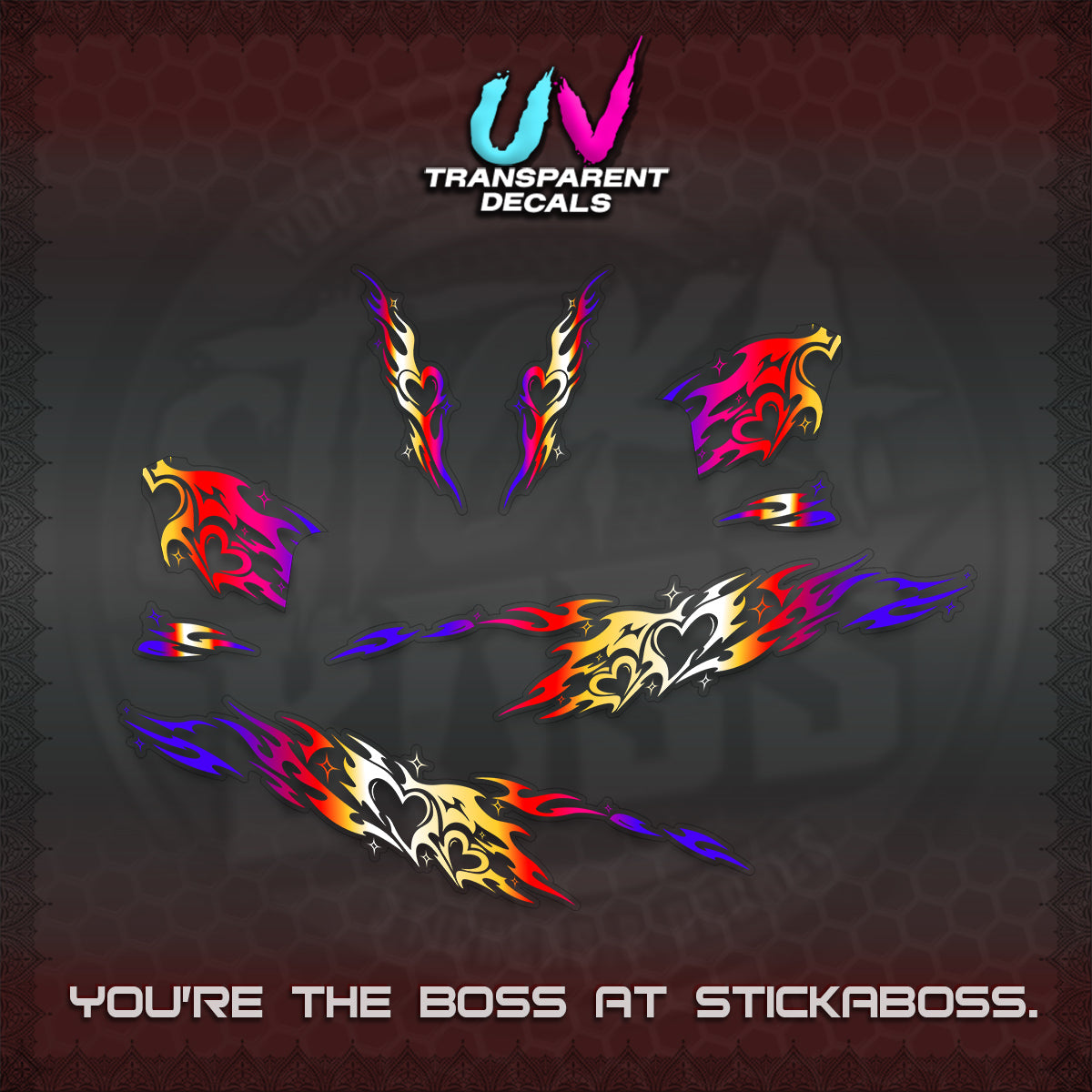CLICK 125 V2 UV TRANSPARENT DECALS (2026 TRIBAL HEART DESIGN) STICKER KITS BY STICKABOSS