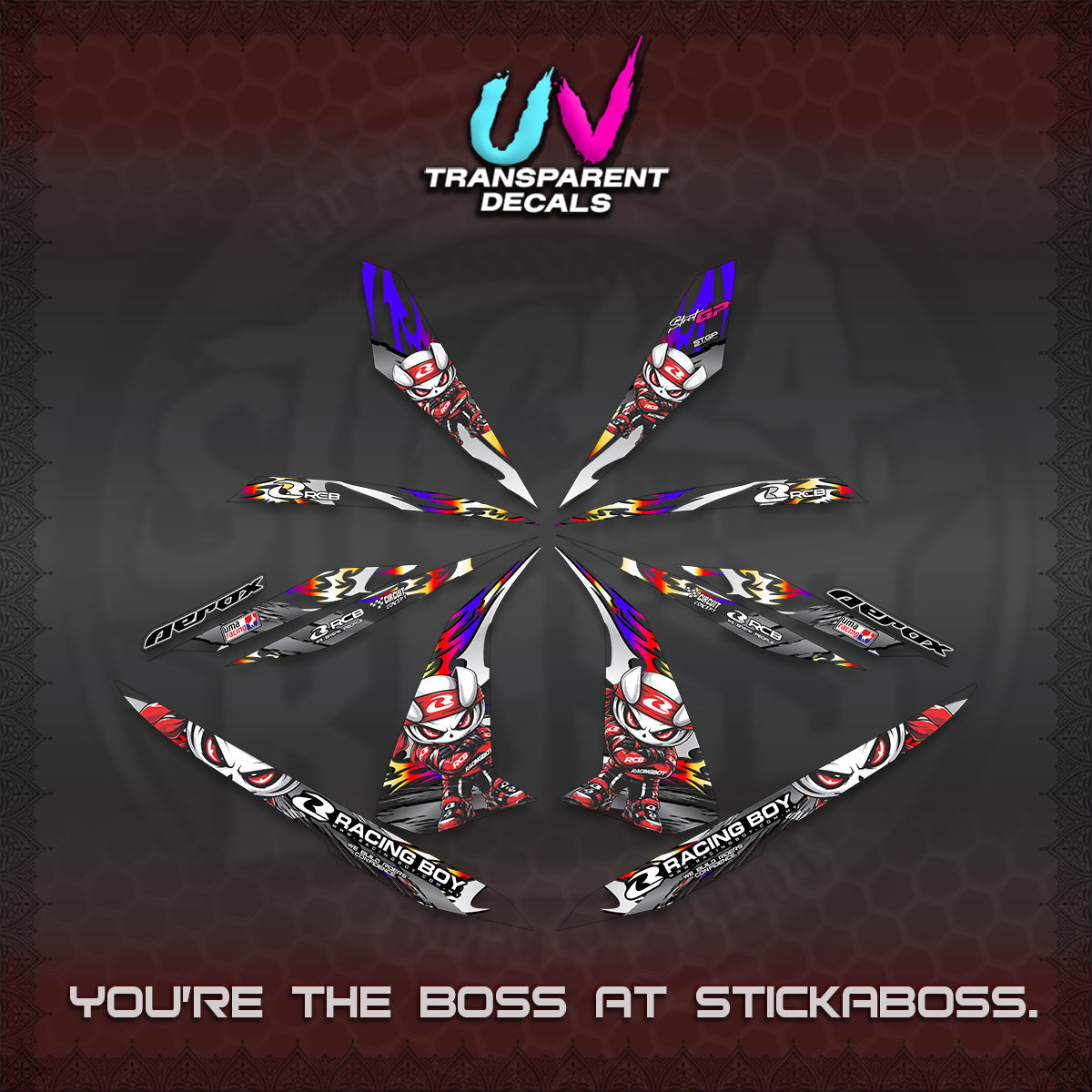 AEROX 155 V1 UV TRANSPARENT DECALS (2026 NEW RCB 2.0 DESIGN) STICKER KITS BY STICKABOSS