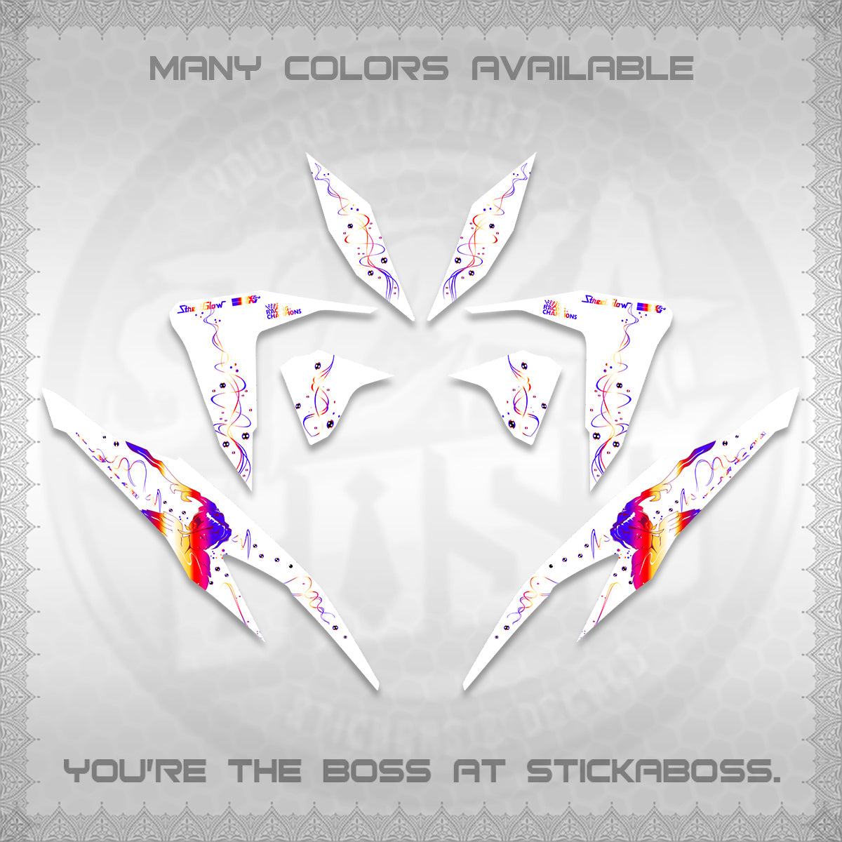 CLICK V2 FOR WHITE DECALS (2026 2F2F SWIRL DESIGN) STICKER KITS BY STICKABOSS