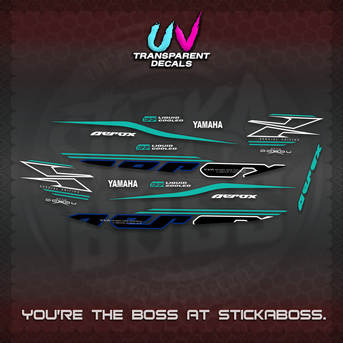 AEROX 155 V1 UV TRANSPARENT DECALS (2026 CYBER STYLE 01) STICKER KITS BY STICKABOSS