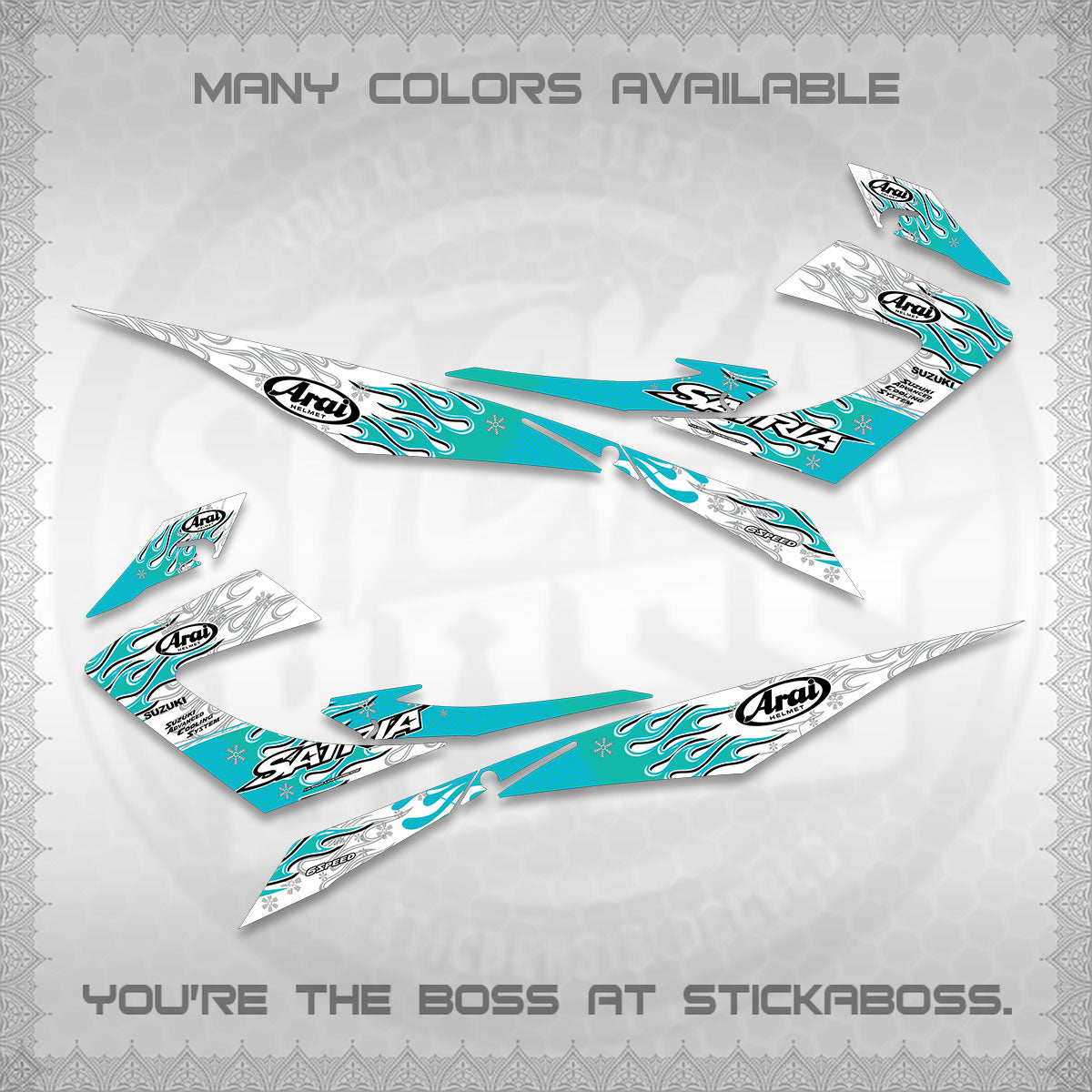 RAIDER 150 CARB SATRIA  FOR WHITE DECALS (ARAI API NEW TERBARU MOTIF)STICKER DECALS By STICKABOSS
