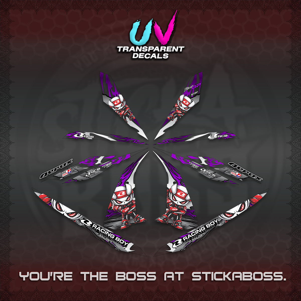 AEROX 155 V1 UV TRANSPARENT DECALS (2026 NEW RCB 2.0 DESIGN) STICKER KITS BY STICKABOSS