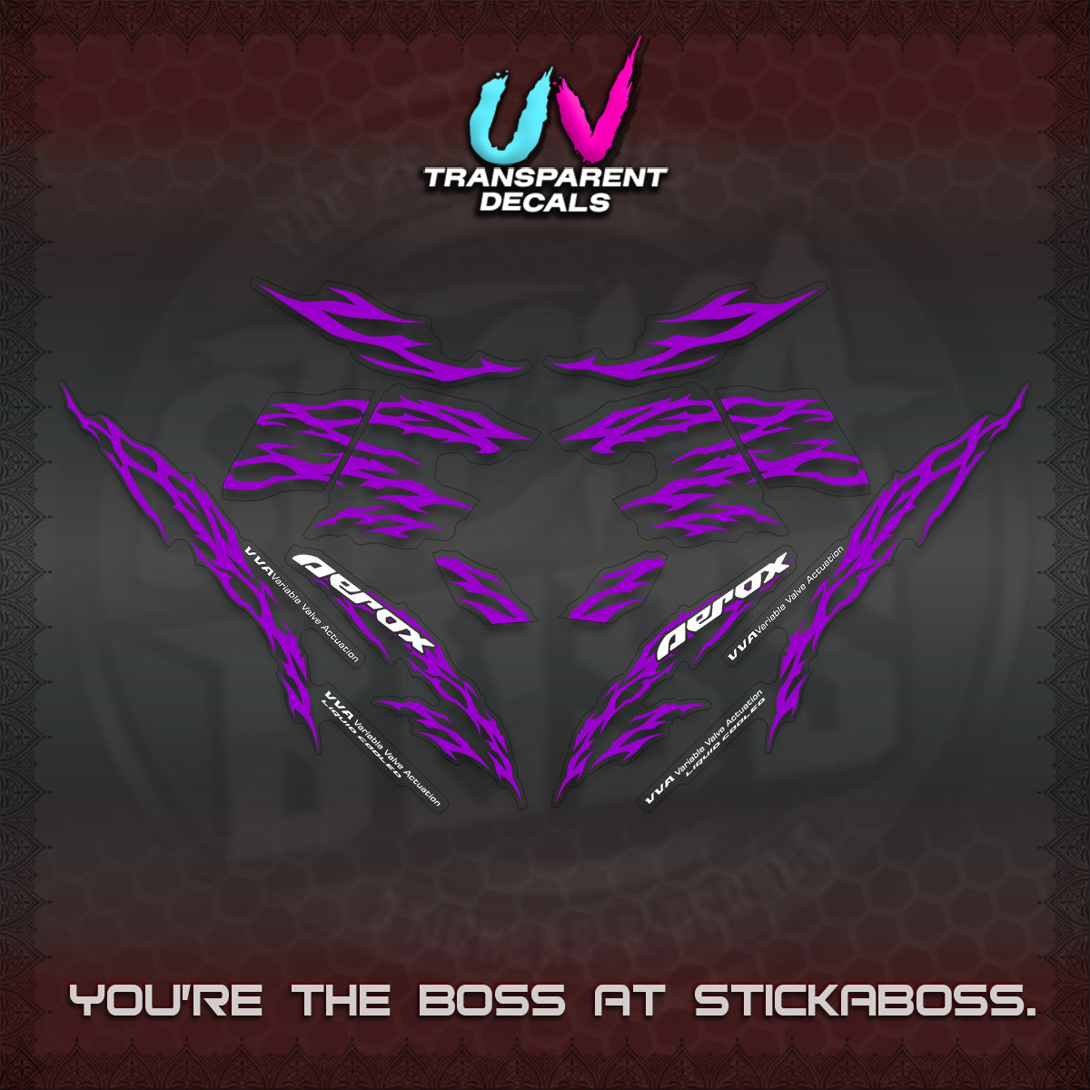 AEROX 155 V2 UV TRANSPARENT DECALS (2026 TRIBAL LIGHTNING DESIGN) STICKER KITS BY STICKABOSS