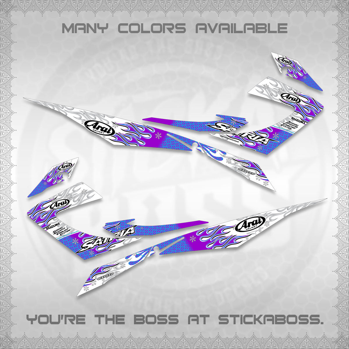 RAIDER 150 CARB SATRIA  FOR WHITE DECALS (ARAI API NEW TERBARU MOTIF)STICKER DECALS By STICKABOSS