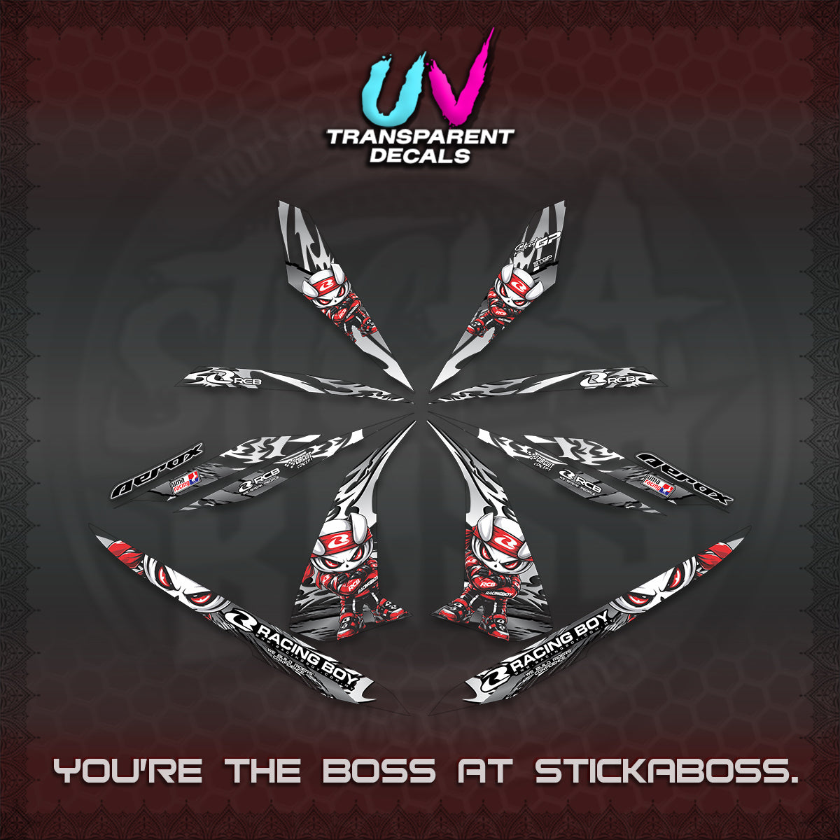 AEROX 155 V1 UV TRANSPARENT DECALS (2026 NEW RCB 2.0 DESIGN) STICKER KITS BY STICKABOSS